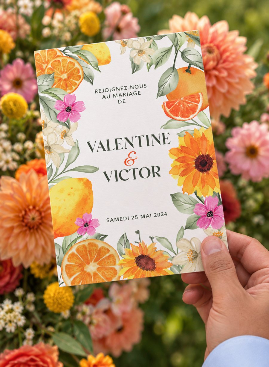 Faire-part de mariage de Valentine et Victor, illustré de fleurs et d’agrumes