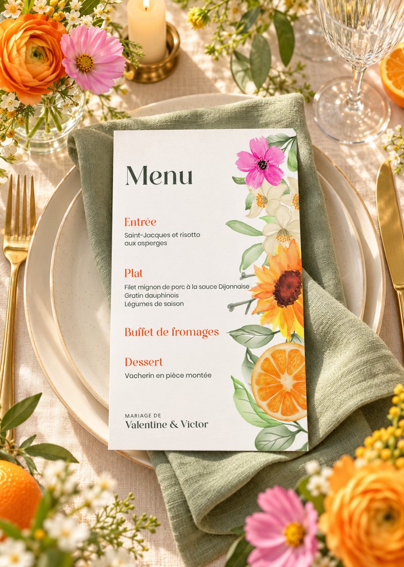 Menu de mariage personnalisé, décor d’agrumes et de fleurs d’été à l’aquarelle