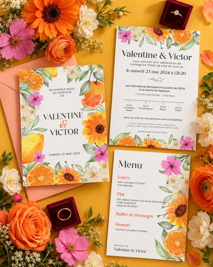 Verso du faire-part et menu assortis du mariage de Valentine et Victor